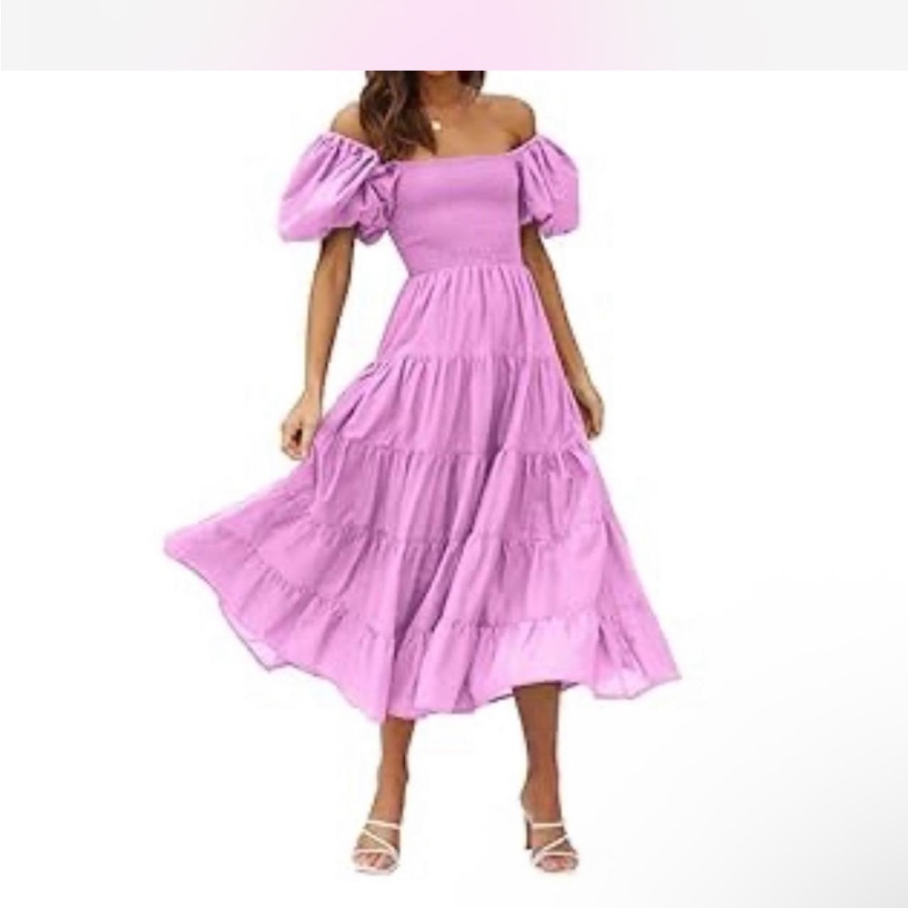 Off-Shoulder Tiered Midi Dress - Pink